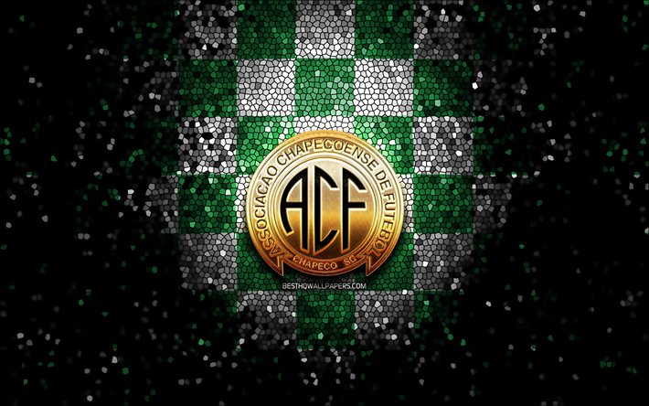 Chapecoense FC, glitter, logo, Serie A, verde, bianco, sfondo a scacchi, calcio, calcio Chapecoense SC, brazilian football club, Chapecoense logo, mosaico di arte, di calcio, il Brasile, l&#39;ACF