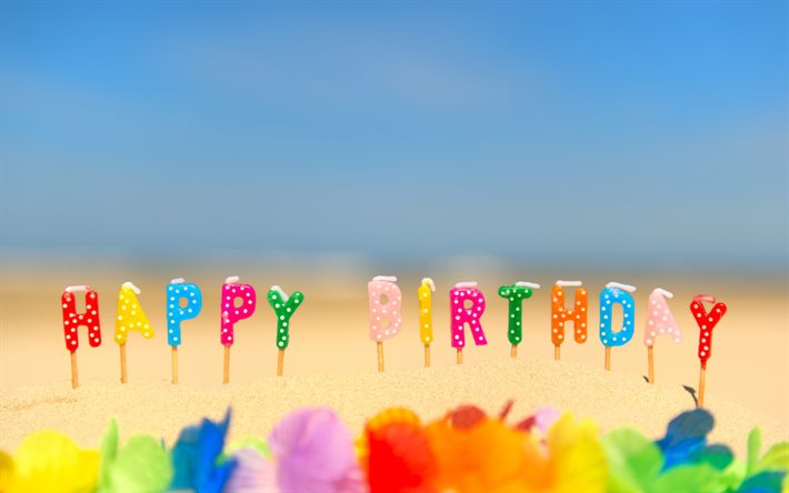 Joyeux anniversaire, les bougies, le sable, l&#39;&#233;t&#233;, la plage, les bougies dans le sable, anniversaire carte de voeux