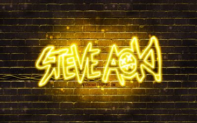 Steve Aoki logo jaune, 4k, superstars, american Dj, jaune brickwall, Steve Aoki logo, Steve Hiroyuki Aoki, Steve Aoki n&#233;on logo, stars de la musique, Steve Aoki