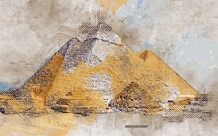Piramidi di Giza, in Egitto, grunge, arte, creativo, dipinto Piramidi di Giza, disegno, grunge Giza, arte digitale, Piramidi