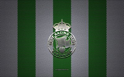 Racing Santander logo, Spanish football club, metal emblem, green-white metal mesh background, Racing Santander, Santander, Spain, football, Real Racing Club de Santander