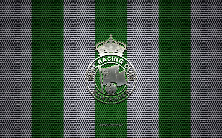 Racing Santander logo, Spanish football club, metal emblem, green-white metal mesh background, Racing Santander, Santander, Spain, football, Real Racing Club de Santander
