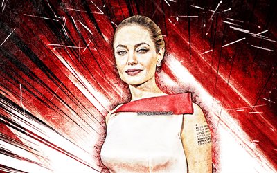 4k, Angelina Jolie, red abstract rays, american celebrity, movie stars, beauty, fan art, grunge art, american actress, superstars, Angelina Jolie 4K