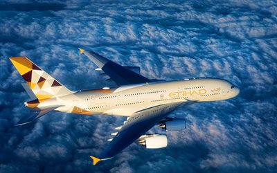 エアバスA380, 4k, 雲, 旅客機, エアバス社, A380, HDR, 飛行A380