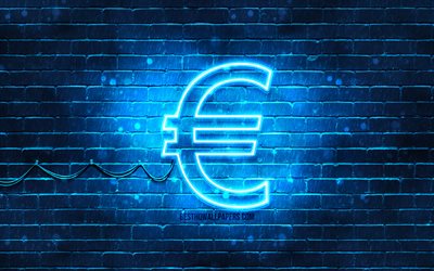 Euro sininen merkki, 4k, sininen brickwall, Euron merkki, valuutta merkkej&#228;, Euro neon merkki, Euro
