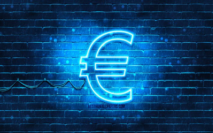 Euro blue sign, 4k, blue brickwall, Euro sign, currency signs, Euro neon sign, Euro