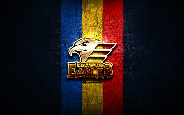 colorado eagles, golden logo, ahl, blau metall-hintergrund, amerikanische eishockey-team, american hockey league, die colorado eagles logo, hockey, usa