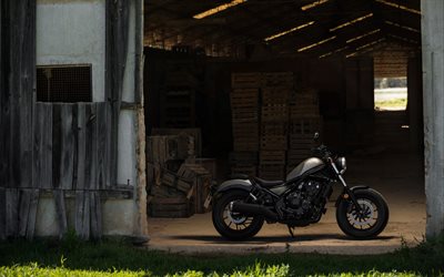 honda rebel 500, 2018, schwarz matt motorrad, seitenansicht, cruiser, japanische motorr&#228;der, hangar, honda, 4k
