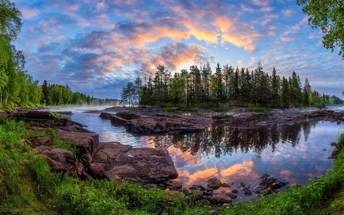 Finland, morgon, dawn, skogen, river, Kiyminki, Europa