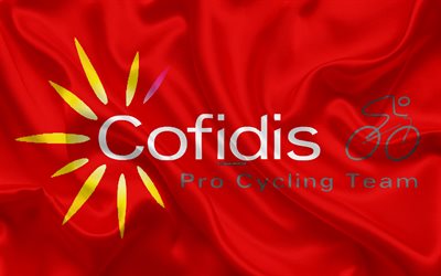 cofidis-team, 4k, logo, franz&#246;sische stra&#223;en-radsport-team, rote seide flagge, emblem, frankreich, radsport, tour de france