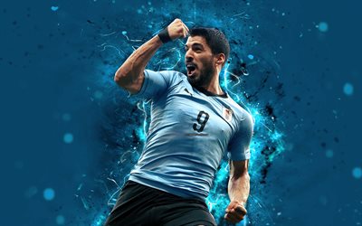 4k, Luis Suarez, abstract art, Uruguay National Team, fan art, Suarez, soccer, footballers, neon lights, Uruguayan football team