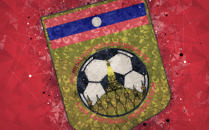 Laos national football team, 4k, geometric art, logo, red abstract background, Asian Football Confederation, Asia, emblem, Laos, football, AFC, grunge style, creative art