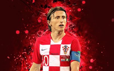 4k, Luka Modri&#231;, soyut sanat, Hırvatistan Milli Takım, fan sanat, Modri&#231;, futbol, futbolcular, neon ışıkları, Hırvat futbol takımı