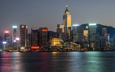 セントラルプラザ, 香港, 高層ビル群, 夜, 夕日, 近代建築, 町並み, 中国