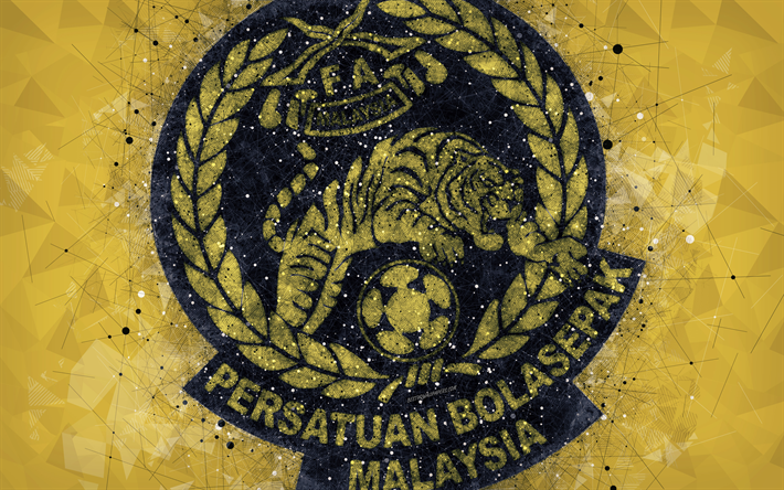 Malaysia national football team, 4k, geometric art, logo, yellow abstract background, Asian Football Confederation, Asia, emblem, Malaysia, football, AFC, grunge style, creative art