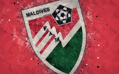Maldives national football team, 4k, geometric art, logo, red abstract background, Asian Football Confederation, Asia, emblem, Maldives, football, AFC, grunge style, creative art