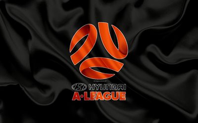 A-League, 4k, logo, textura de seda, Australiano Campeonatos De Futebol, emblema, cinza de seda bandeira, Austr&#225;lia, futebol