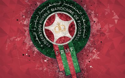 Morocco national football team, 4k, geometric art, logo, red abstract background, Asian Football Confederation, Asia, emblem, Morocco, football, AFC, grunge style, creative art