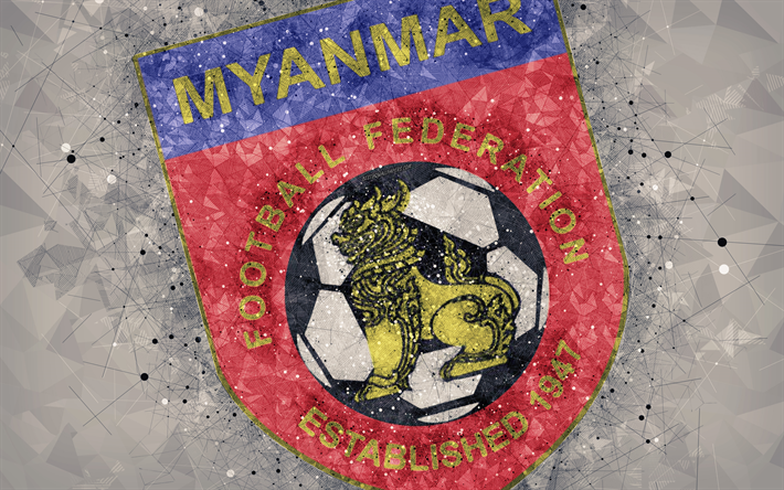 Myanmar national football team, 4k, geometric art, logo, gray abstract background, Asian Football Confederation, Asia, emblem, Myanmar, football, AFC, grunge style, creative art