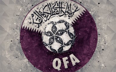 Qatar national football team, 4k, geometric art, logo, gray abstract background, Asian Football Confederation, Asia, emblem, Qatar, football, AFC, grunge style, creative art