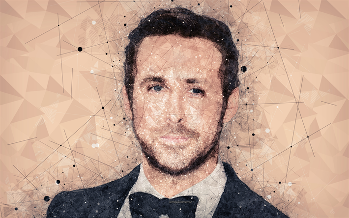 Ryan Gosling, art, 4k, Kanadalainen n&#228;yttelij&#228;, geometrinen taide, kasvot, muotokuva, Hollywood-t&#228;hti, Ryan Thomas Gosling