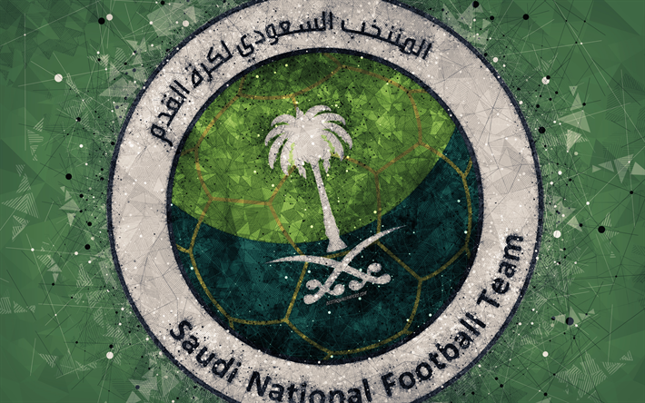 Saudiarabien landslaget, 4k, geometriska art, logotyp, gr&#246;n abstrakt bakgrund, Asian Football Confederation, Asien, emblem, Saudiarabien, fotboll, AFC, grunge stil, kreativ konst