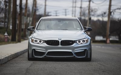 BMW M3, F80, front view, new gray M3, exterior, tuning M3, German sports cars, sedan, BMW