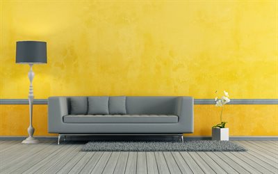 interni eleganti, soggiorno, pareti gialle, divano grigio, interni dal design elegante