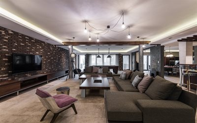 living room, stylish interior, Loft style interior, modern design, free space