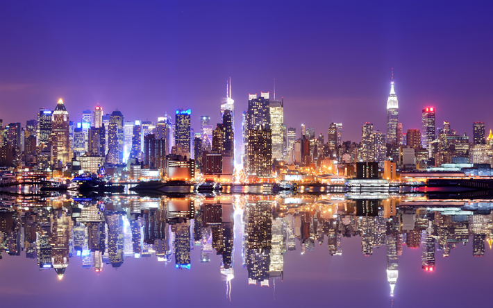 4k, New York City, embankment, panorama, NYC, cityscapes, New York, USA, nightscapes, America