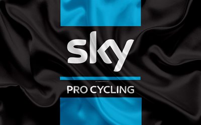 Team Sky, 4k, logo, silk texture, British road cycling team, emblem, Great Britain, black silk flag, France, cycling race, Tour de France