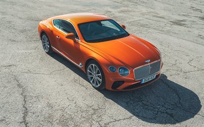 Bentley Continental GT, 2018, front view, exterior, luxury sports car, sports coupe, new orange Continental GT, facelift, British luxury cars, presentation, Bentley