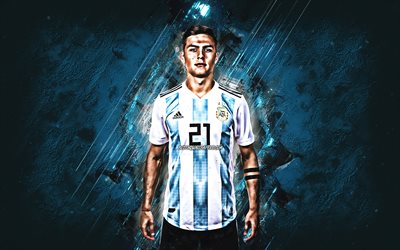 Paulo Dybala, portrait, Argentina national football team, Argentinian soccer player, striker, blue creative background, Argentina, football, Dybala