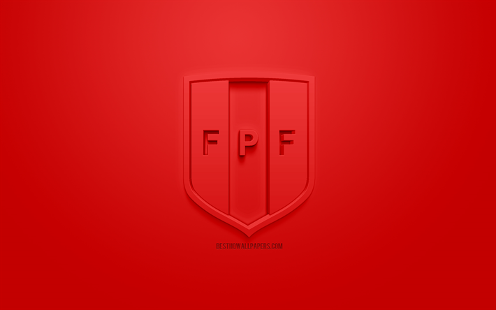 Peru national football team, creative 3D logo, red background, 3d emblem, Peru, CONMEBOL, 3d art, football, stylish 3d logo