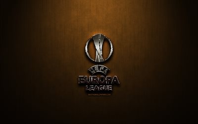 UEFA Europa League glitter logo, football leagues, creative, bronze metal background, UEFA Europa League logo, brands, UEFA Europa League