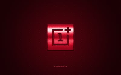 OnePlus logo, red shiny logo, OnePlus metal emblem, wallpaper for OnePlus smartphones, red carbon fiber texture, OnePlus, brands, creative art