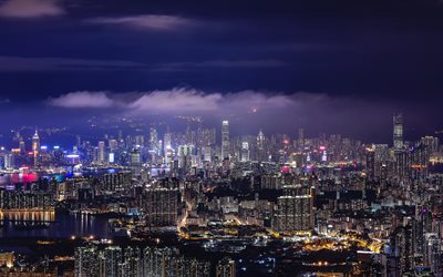 hong kong, 4k, nachtaufnahmen, luftaufnahmen, asiatische st&#228;dte, wolkenkratzer, china, asien