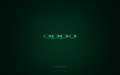 Oppo logo, green shiny logo, Oppo metal emblem, wallpaper for Oppo smartphones, green carbon fiber texture, Oppo, brands, creative art