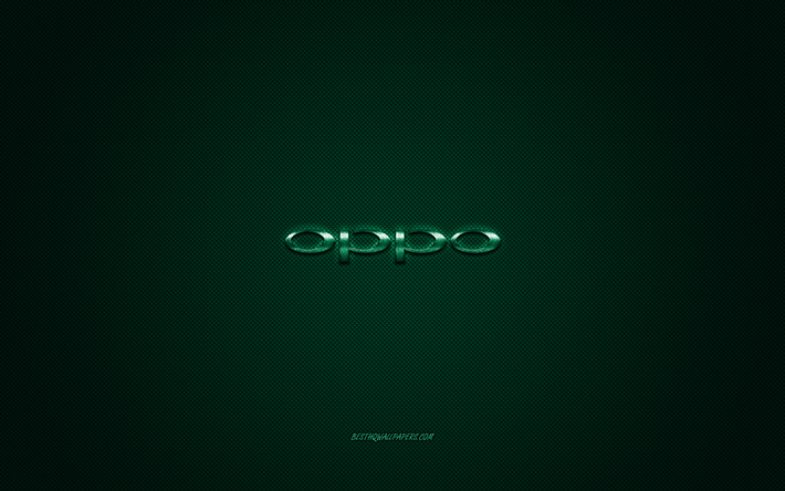 Oppo logo, green shiny logo, Oppo metal emblem, wallpaper for Oppo smartphones, green carbon fiber texture, Oppo, brands, creative art