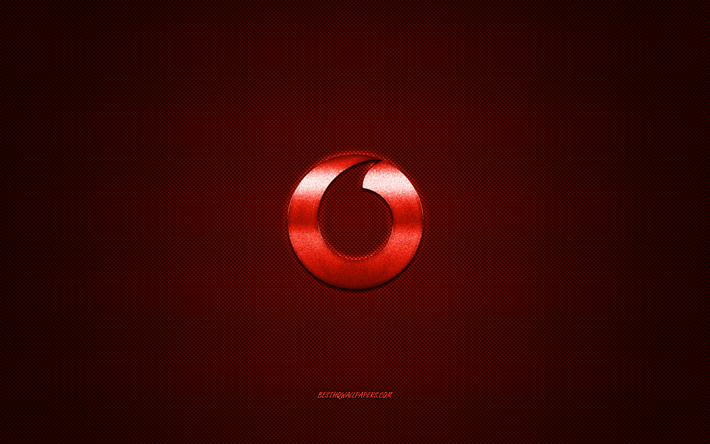 Vodafone logosu kırmızı parlak logosu, Vodafone metal amblem, Vodafone akıllı telefonlar i&#231;in duvar kağıdı, kırmızı karbon fiber doku, Vodafone, marka, yaratıcı sanat