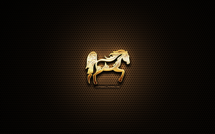 Cavallo glitter segno zodiacale cinese, creativo, Cavallo zodiaco, animali, segni, calendario Cinese, metallo, griglia, sfondo, Cavallo, segno zodiacale, Cinese Segni Zodiacali