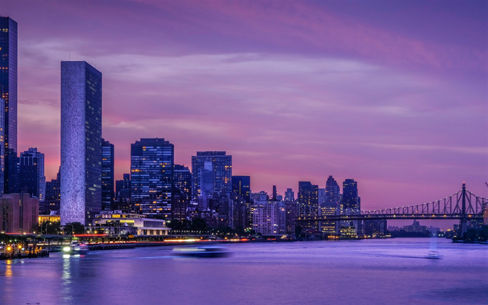 New York City, evening, sunset, skyscrapers, modern buildings, East River, bridges, New York, USA, NY city landscape
