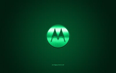 Logo Motorola, verde brillante logo Motorola metallo emblema, sfondi per Motorola smartphone, verde fibra di carbonio trama, Motorola, marchi, arte creativa