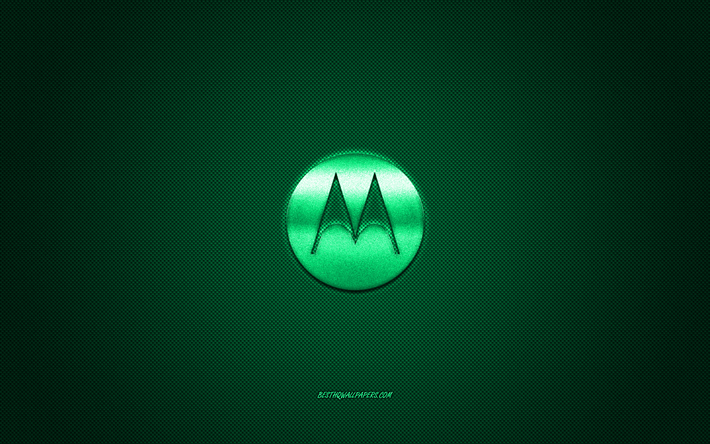 Logo Motorola, verde brillante logo Motorola metallo emblema, sfondi per Motorola smartphone, verde fibra di carbonio trama, Motorola, marchi, arte creativa