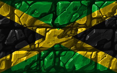 Jamaicanska flaggan, brickwall, 4k, Nordamerikanska l&#228;nder, nationella symboler, Flagga av Jamaica, kreativa, Jamaica, Nordamerika, Jamaica 3D-flagga