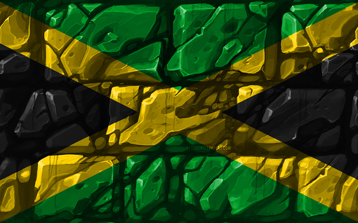 Bandeira da jamaica, brickwall, 4k, Pa&#237;ses da Am&#233;rica do norte, s&#237;mbolos nacionais, Bandeira da Jamaica, criativo, Jamaica, Am&#233;rica Do Norte, Jamaica 3D bandeira
