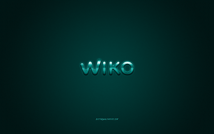 Wiko akıllı telefonlar i&#231;in Wiko logo, turkuaz parlak logo, Wiko metal amblem, duvar kağıdı, karbon fiber doku, Wiko, markalar, yaratıcı sanat turkuaz