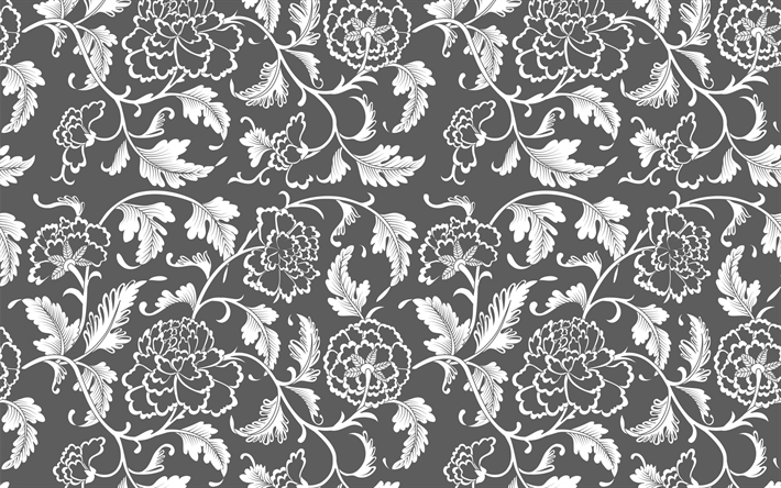 gray background with floral ornaments, vintage patterns, retro floral texture, vintage retro texture