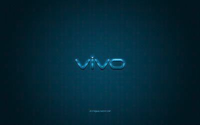 vivo-logo, blau-gl&#228;nzend-logo-vivo-metall-emblem, wallpaper f&#252;r vivo smartphones, blau-carbon-faser-textur, vivo, marken, kreative kunst
