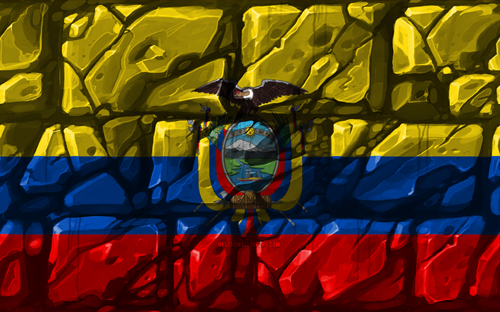 &#201;quatorien drapeau, brickwall, 4k, les pays d&#39;Am&#233;rique du Sud, symbole national, le Drapeau de l&#39;&#201;quateur, du cr&#233;atif, de l&#39;Equateur, Am&#233;rique du Sud, de l&#39;&#201;quateur 3D drapeau